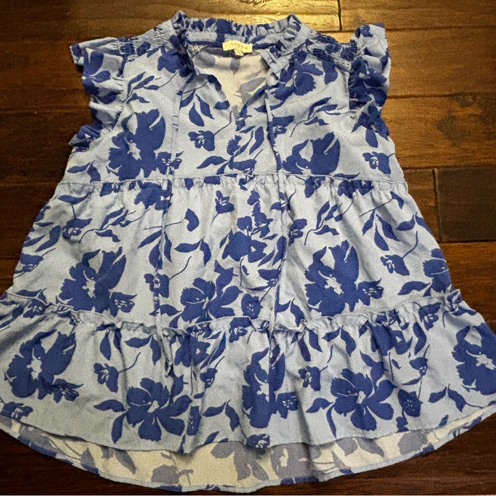 Umgee Light Blue and Royal Blue Floral Blouse